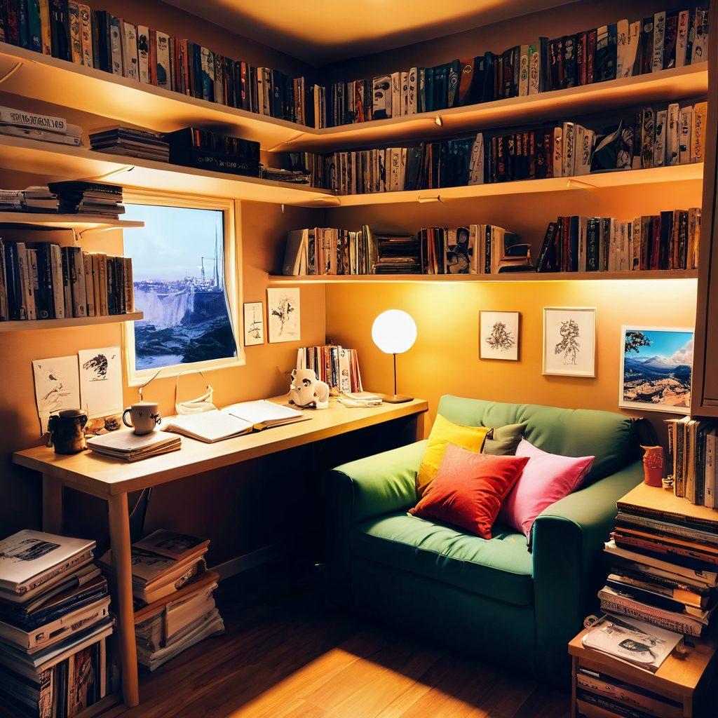 A vibrant scene depicting a cozy manga reading nook, filled with colorful hentai manga covers and plush cushions. Include a steaming cup of tea and ambient lighting to create a welcoming atmosphere. Showcase a bookshelf filled with various genres and a character sketching in a notebook, celebrating the essence of hentai culture. super-realistic. vibrant colors. cozy ambiance.