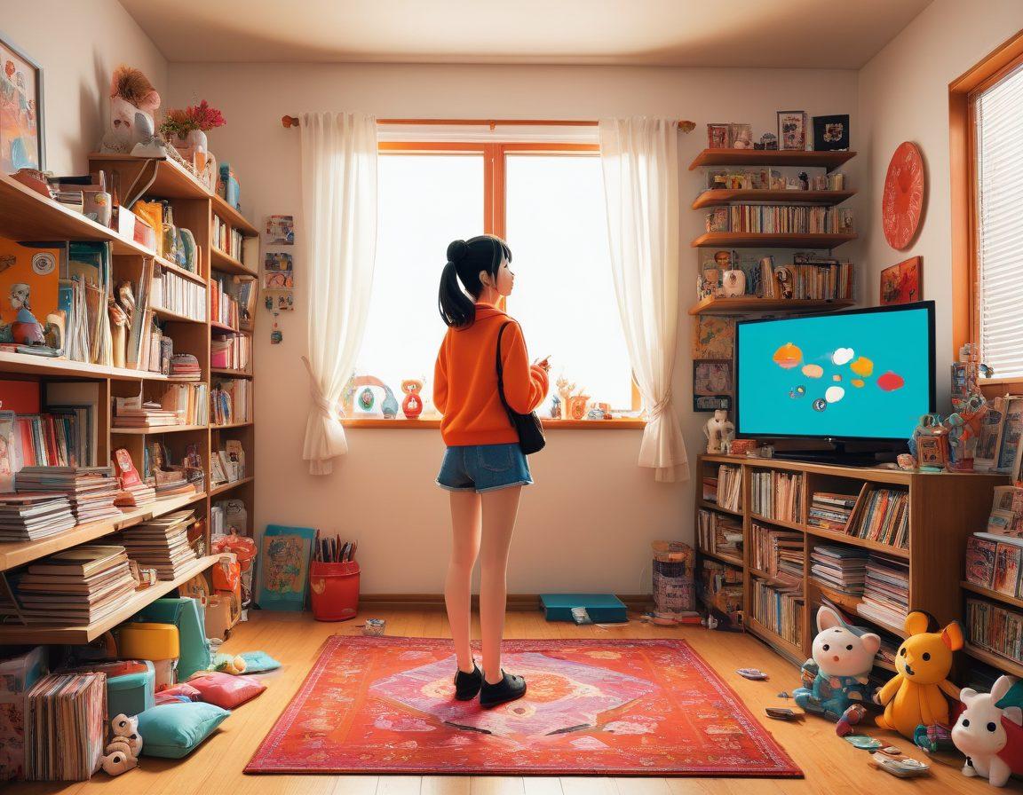A whimsical scene featuring an animated character engulfed in vibrant colors, surrounded by iconic elements of anime culture, like figurines, manga books, and posters. In the background, a cozy, cluttered room adorned with anime merchandise reflects the otaku lifestyle, while subtle hints of adult themes suggest the exploration of hentai stories. The character has a playful, curious expression, inviting viewers into this colorful world. vector art. vibrant colors. white background.